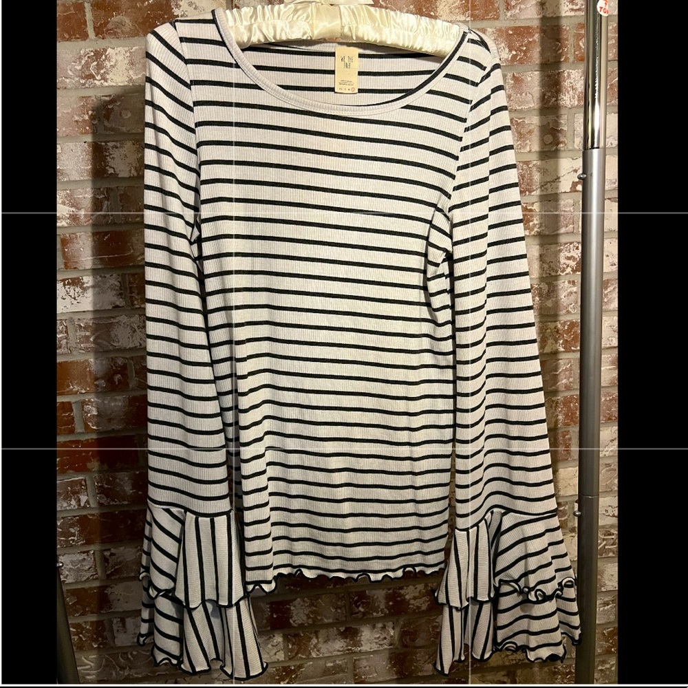 Striped shirt with long bell sleeves